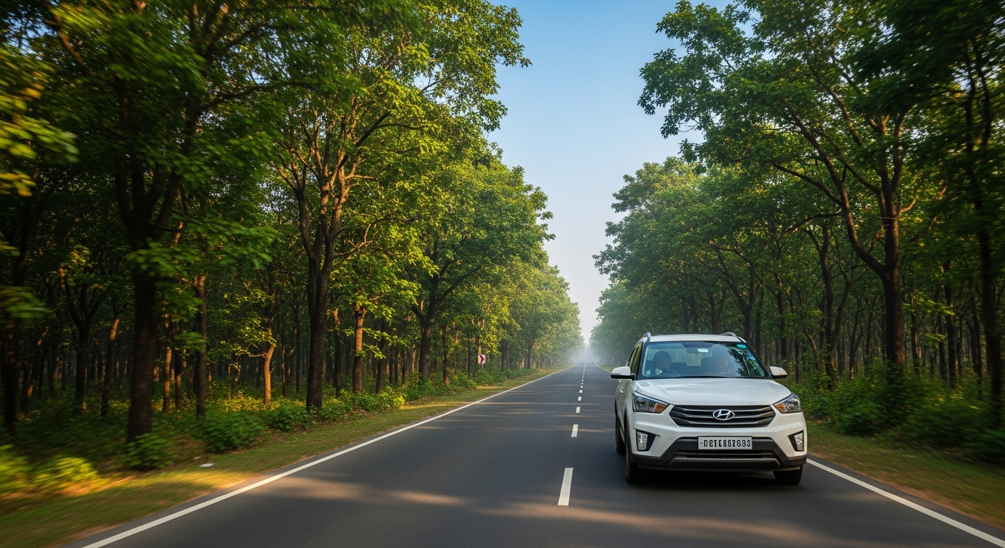 चतरा के साल के जंगलों से गुज़रती SUV — NH 100 रूट