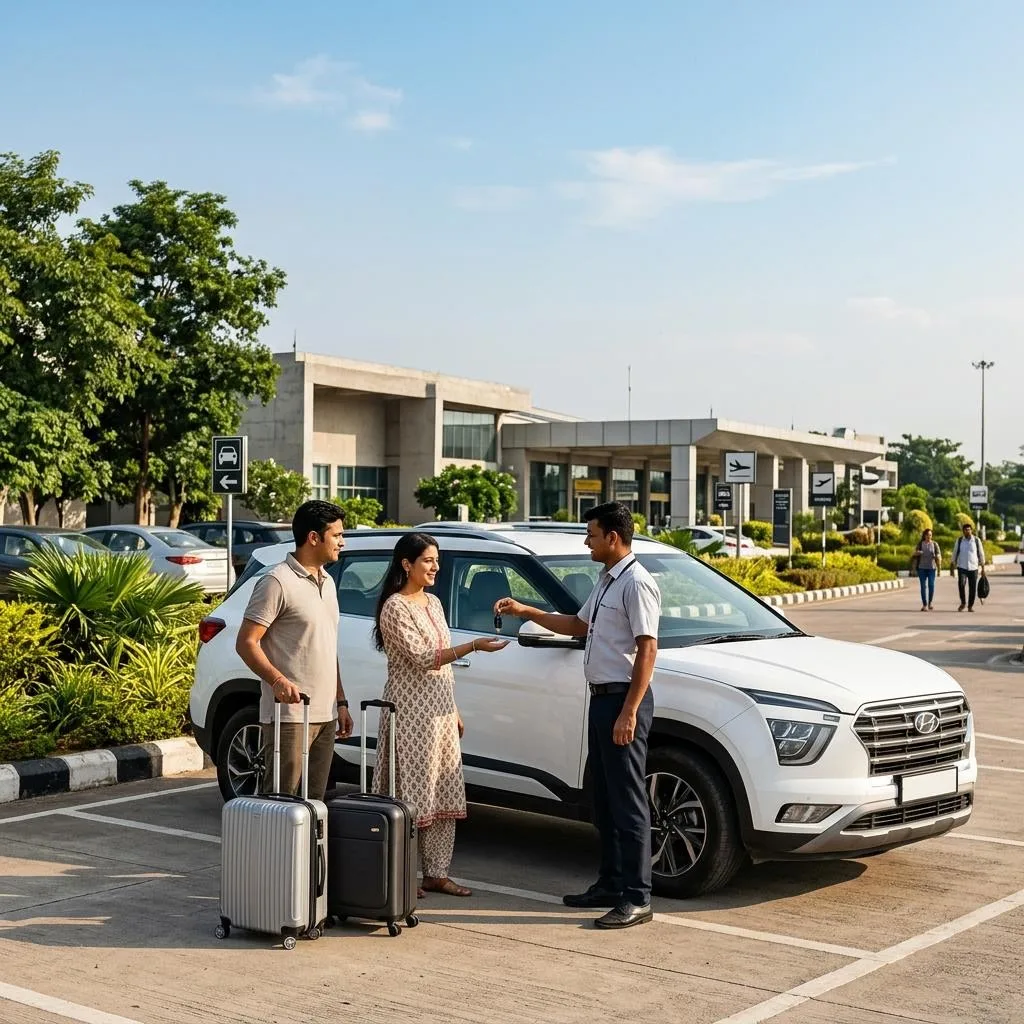Illustration of travellers with luggage collecting a self-drive rental car at an airport pickup area